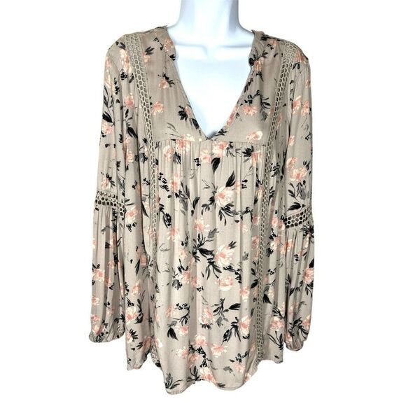 Torrid Mauve Floral Crochet Long Sleeve V-Neck Top Women’s Size 0/Large - Picture 1 of 5